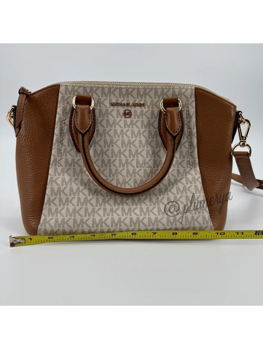 Michael Kors Women's Signature MK Monogram Satchel Crossbody Handbag Brown Gold